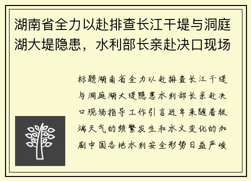 湖南省全力以赴排查长江干堤与洞庭湖大堤隐患，水利部长亲赴决口现场指导工作